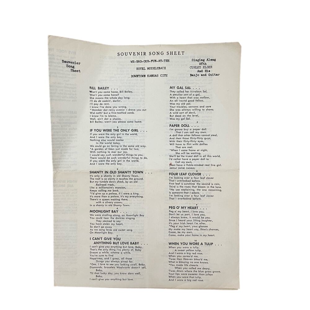 Souvenir Song Sheet Vintage Historic Hotel Muehlebach Downtown Kansas City